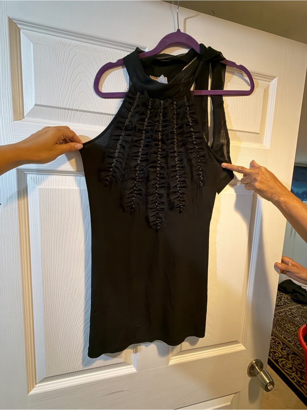 Black Ruffle-Front Halter Tank Top with Neck Tie